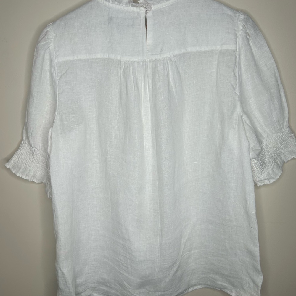 J Crew White Crisp Linen Blouse Size M High Ruffled Neck and Sleeves Romantic - Picture 6 of 8